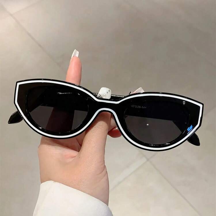 Vintage Women's Cat Eye Fashion Glasses  Line Decorative Frame Men's Decorative Glasses Vacation Casual Versatile Glasses - 黑白線-黑色 - 查看 4