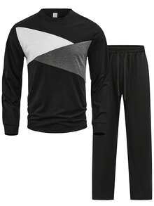 2pcs/Set Men Contrast Color Block Knit T-Shirt Set, Minimalist Sporty Style Long Sleeve Top + Casual Pants, Suitable For Daily Wear & Leisure Outings, Fall Clothes