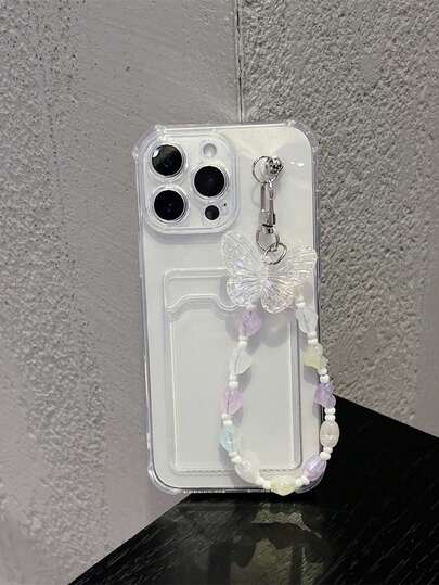 1 conjunto: capa de celular TPU transparente antiderrapante com compartimento para cartão e 1 alça de pulso com estampa de borboleta colorida, compatível com iPhone 11, 12, 13, 14 Pro, 15 Plus, 16 Pro, XR, XS Max, 7/8 Plus, 16 Pro Max
