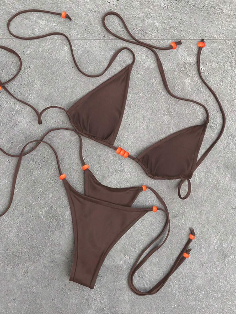 Polovedo Official New Arrival Spring/Summer Elegant Sexy Brown Solid Color Tie-Up Women's Bikini Swimsuit, Suitable For Beach, Vacation, Party, Date - Khaki - View 1