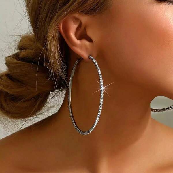 1 Pair Oversized Rhinestone Hoop Earrings, Dramatic European & American Style Earrings For Street Dance, Hip Hop, Bridal, Multiple Sizes