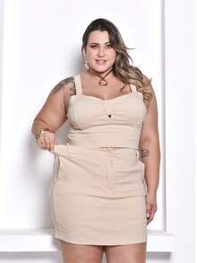 Conjunto Feminino Saia Short e Cropped Plus Size - Bege - Visão 1