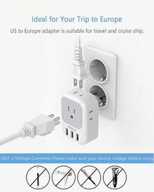 Adaptador Europeo Viaje, Universal Europa Enchufe de Corriente con 3 USB (1 USB C), Cargador Tipo C con 4 Salidas CA, Travel Essentials Adapter Americano\/México a Europa para Italia, España - Blanco y Gris - Ver 2