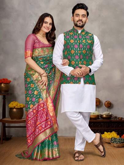 Estationeryhouse Couples Combo Set, Silk Saree With Unstitched Blouse, White Cotton Kurta Pyjama, Silk Waist Coat