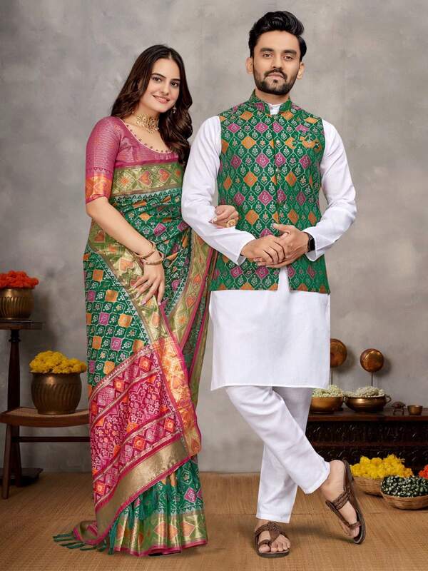Estationeryhouse Couples Combo Set, Silk Saree With Unstitched Blouse, White Cotton Kurta Pyjama, Silk Waist Coat