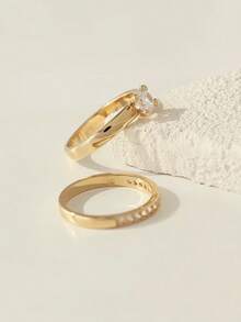 Pair Of 3mm Beveled Wedding Rings, 18k Gold Plated, 925 Silver Solitaire - 金色 - 查看 6