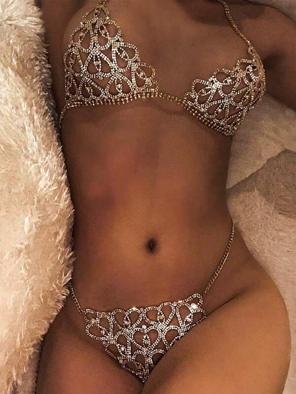 1 Set Silver Crystal Rhinestone Body Chain Jewelry, Sexy Shiny Bikini Bra Lingerie Party Body Accessories, Alloy & Rhinestone, Luxury Rhinestone Bra Accessory, Glamorous Heart Geometric Sexy Nightclub Intimate Accessories For Women