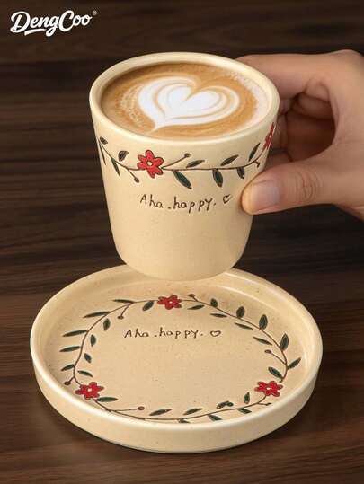 Dengcoo 1 件陶瓷花咖啡杯套装，陶瓷杯，印花瓷杯碟，咖啡杯，茶杯，马克杯，适用于家庭、办公室、旅行、礼物