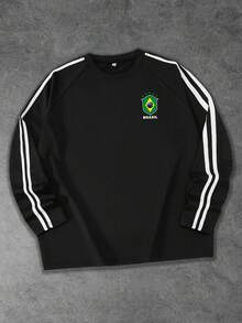 Shwiy Men's Minimalist Black Webbing Long Sleeve T-Shirt With School Sports Number 7 Print, Suitable For School, Casual Wear, Pair With White Tee, Street Fashion - Black - View 1