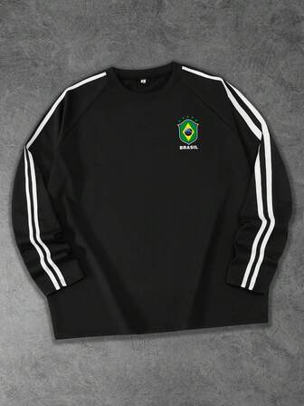 男士简约黑色织带长袖 T 恤，印有巴西 7 号，适合学校、休闲装、街头装，适合秋季