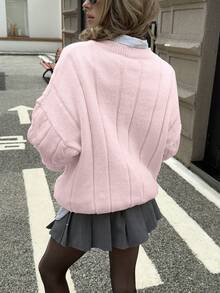 FOR BEAUTY 女士新款纯色圆领落肩长袖针织衫，宽松时尚扭结设计，适合新年休闲穿着，粉色 - 粉色 - 查看 3