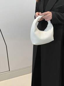 Mini Fashionable Woven Crescent Handbag, Woven Texture Embossed Solid Color Casual Large Shoulder Crossbody Bag, Versatile Commuter Bag, Tote Bag, Baguette Bag For Women