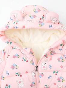 Young Girl Hooded Long Sleeved Warm Zipper Warm Winter Cartoon Rabbit Flower Pattern Padded Coat - Pink - View 4
