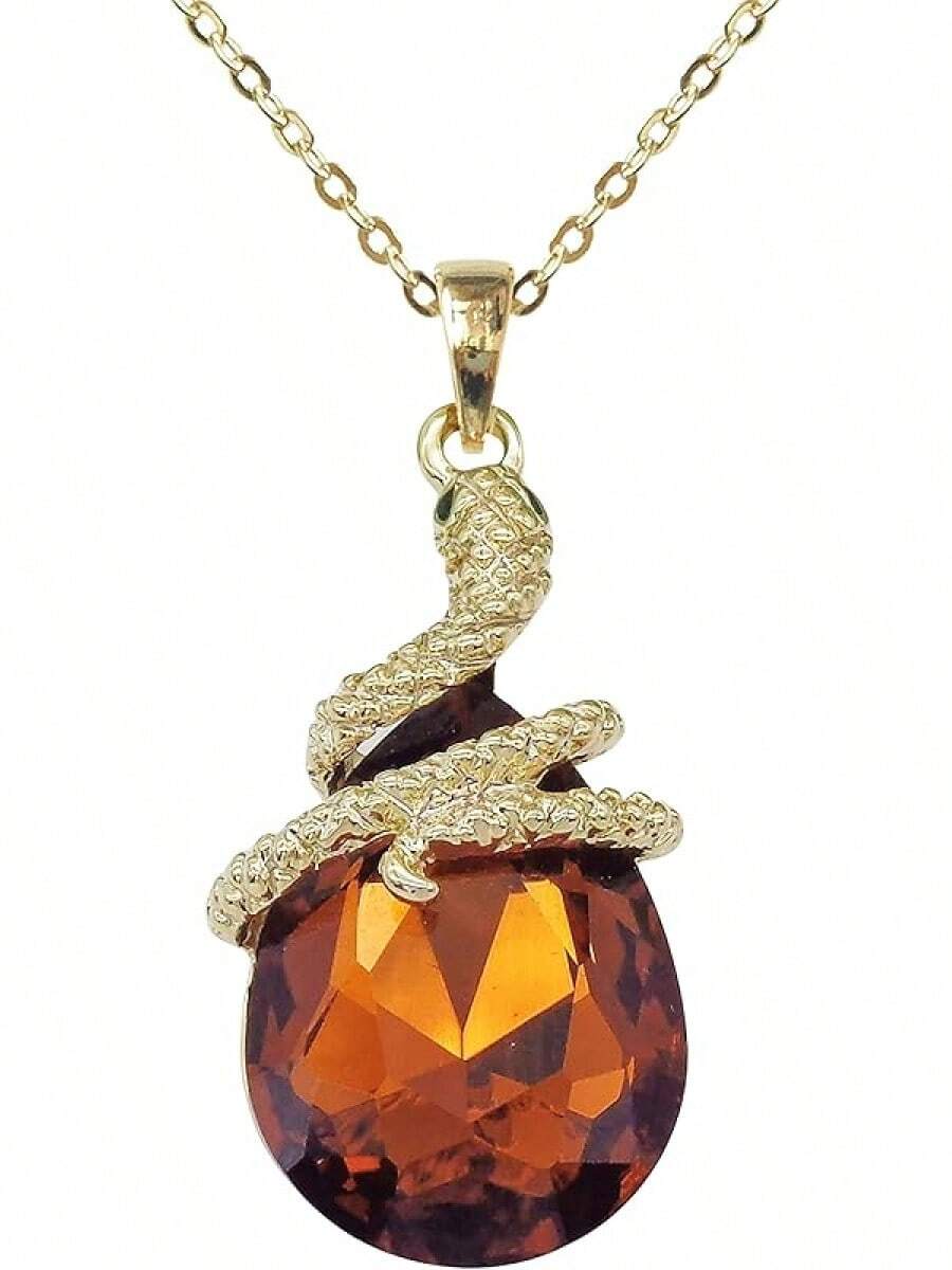18k Gold Plated Water Drop Crystal Multicolor Snake Pendant Necklace 16"+2"2025 - 深棕色 - 查看 1