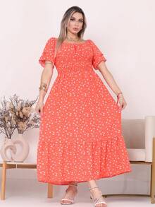 Women's Long Midi Dress With Puffer Sleeves And  Frills, Off-The-Shoulder, Tres Marias Floral - ORANGE FLOWER - View 2