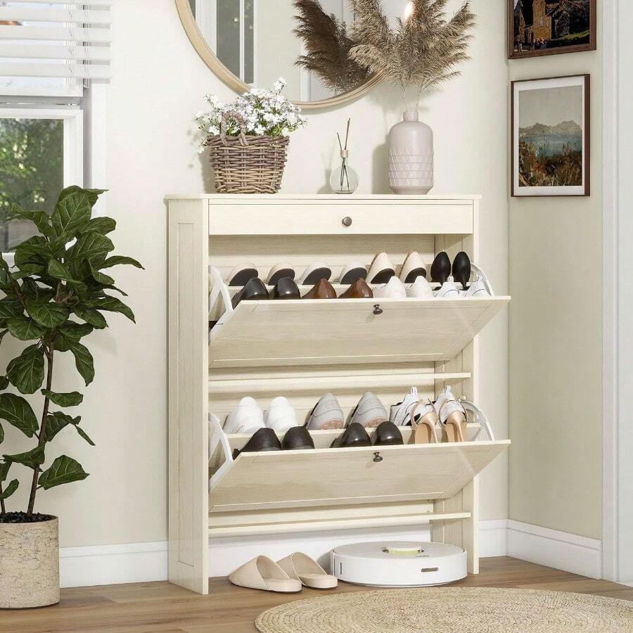 Shoe Cabinet With 2 FlipUp Doors Drawer Slim Shoe Cabinet With Adjustable Shelves Elevated Design Freestanding Narrow Shoe Storage Organizer For Entryway Hallway Foyer Light Oak - Gỗ sồi sáng - Xem 1