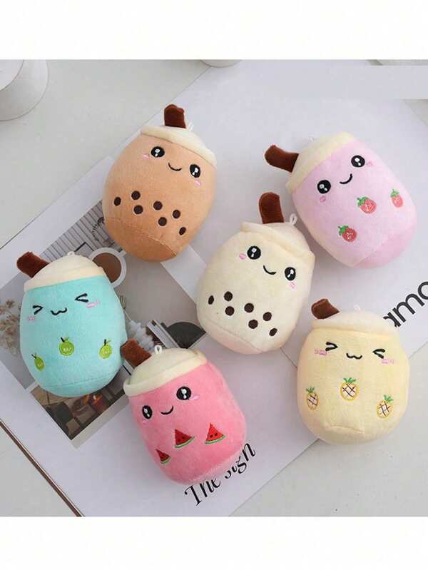 1 păpușă de pluș adorabilă cu ceașcă de ceai cu lapte și fructe - jucărie drăguță de animal de pluș, pandantiv pentru geantă și ornament pentru poșetă