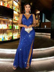 Elisanya Prom DressCHOSMO Prom Dresses For High School Christmas Halter Tassel Strapless Backless High Waist Side Split Sequin Maxi Skirt,Demure Slim Dinner Outfit,Date Night Dress,Elegant Evening Dress,Wome's Prom Dresses High Slit Flowy Party Dress - Royal Blue - View 1