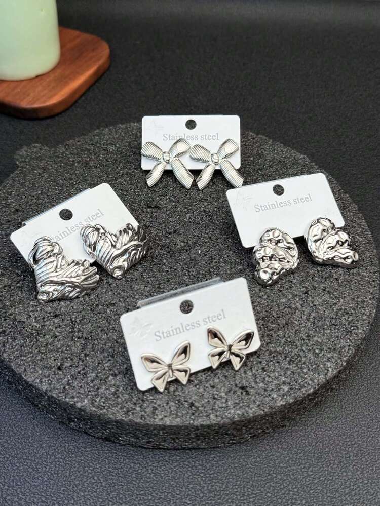 24pcs 18K Gold Plated Stainless Steel Earrings - Variety Of Styles Including Leaves, Flowers, Shells And Geometric Patterns, Suitable For Daily Wear And Gifting, Also An Ideal Accessory For Valentine's Day | Elegant Earrings | Durable Earrings - Silver Multi-element - View 6