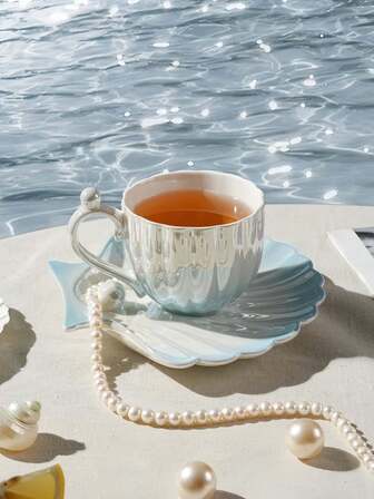 1 set keramikkopp och fat i pärla och snäcka, exklusiv pärlemorskimrande kaffekopp och fat, eftermiddagstekopp, frukostkopp och fat, dessertkopp och fat, present till vänner, lämplig för hemmet, restaurang, café, sammankomster, fester