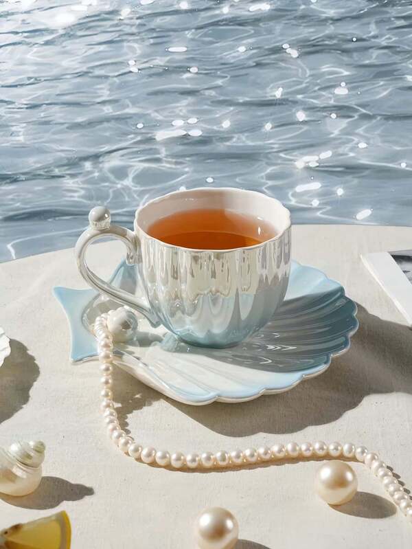 1 Set Pearl & Shell Ceramic Cup & Saucer, High-End Pearlescent Coffee Cup & Saucer, Afternoon Tea Cup, Breakfast Cup & Saucer, Dessert Cup & Saucer, Gift For Friends, Suitable For Home, Restaurant, Cafe, Gathering, Party
