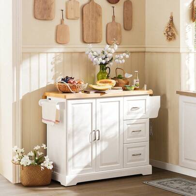 SoBuy FKW41-WN Luxury Kitchen Trolley Kitchen Island Sideboard With Expandable Work Surface Kitchen Cabinet W X H X D Approx.: 130 X 91 X 46 (+25) Cm
