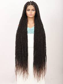 女士方形无结弹簧扭辫假发，超长46英寸，全双层蕾丝前扭辫假发，带婴儿发，合成编织假发，热情扭辫假发，波西米亚卷发尾 - 彩色 - 查看 14