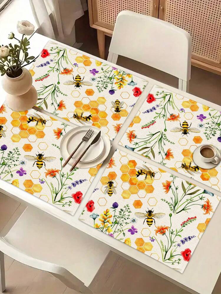 1pc Floral Pattern Printed Table Runner, 4pcs Floral Pattern Printed Placemats, Suitable For Holidays, Parties, Birthdays, Dinners, Kitchen & Dining Room Decor, All Season Home & Textile Decoration - Multicolor - View 5