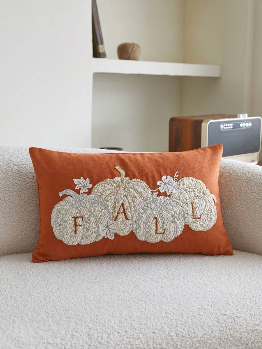 1 pièce pièce Taie d'oreiller brodée de citrouille orange pour Thanksgiving, Taie d'oreiller d'automne pour Thanksgiving, Convient pour la décoration intérieure, Décoration de Thanksgiving, Taie d'oreiller toutes saisons, Sans insert