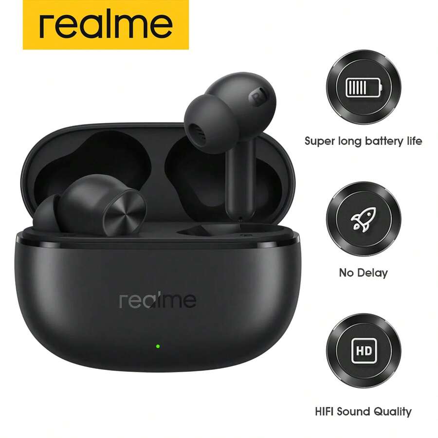 Realme Buds T200x Wireless Earbuds Pure Black, 25dB ANC Noise Cancelling, 48H Playback, IP55 Waterproof, Bluetooth 5.4, 45ms Low Latency, Dual Device Connect, Google Fast Pair - Black - View 1