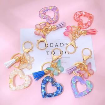 Llavero de resina con corazón hueco, borla y colgante de mariposa, regalo del Día de San Valentín, artículo de cruzada