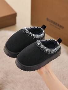 Kids Autumn/Winter Slippers, Simple Design, Boys' Indoor Home Anti-Slip Warm Plush, Girls' Thick Fluffy Slippers - Black - View 4