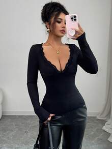 Black Lace Trim V-Neck Form-Fitting Slim Camisole Long Sleeve Top - Black - View 7