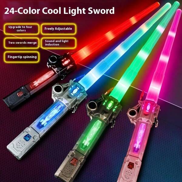 New 24-Color Laser Sword Toy, Glowing Changeable Color , Retractable Double-Blade , Children's Battle Toy, Double-Headed Children's Transformation Device, 7-Color Glowing Fluorescent Stick, Children Fluorescent Stick Battle Sword