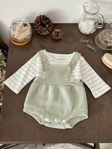 2pcs/Set Newborn Baby Boys/Girls Cute Waffle Bodysuit & Striped Long Sleeve T-Shirt Set, Spring/Autumn - Green - View 4