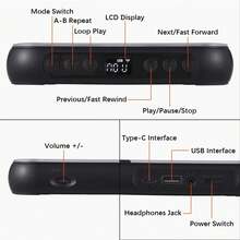 1pc Compact Desktop CD Player With Bluetooth 5.1, Made Of Durable Plastic Material, Portable Audio Entertainment Device;   Modern & Sleek Style, Black Color, Square - Shaped With A Transparent Lid, Features Built - In HiFi Speakers, LCD Screen Display, Timer Function, FM Radio, USB Type - C Port Detail.   Ideal For Enjoying CDs, Streaming Music Wirelessly.   Audio Gadget Perfect For Home, Dorm Rooms, Car Use, Year - Round Entertainment.   Great As A Gift For Teens, Students, Music Lovers On Christmas, Birthdays, Back - To - School Season.(Black) - Black - View 5