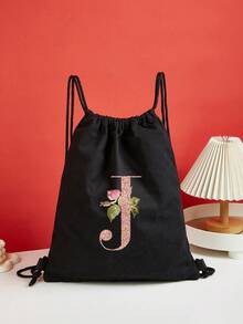 Drawstring Backpack Sports Backpack Women Drawstring Shoe Bags For Travel Storage Bags Rose Gold Initials Name Letter Pattern Gym Bags Lightweight Drawstring Bag Travel Bags Cloth Bags Dust Storage Pouch For Outdoor Duffle Sports Bag Schoolbag Bundle Tote Bag For Student Sports Back Pack Latter Print - Black - View 28