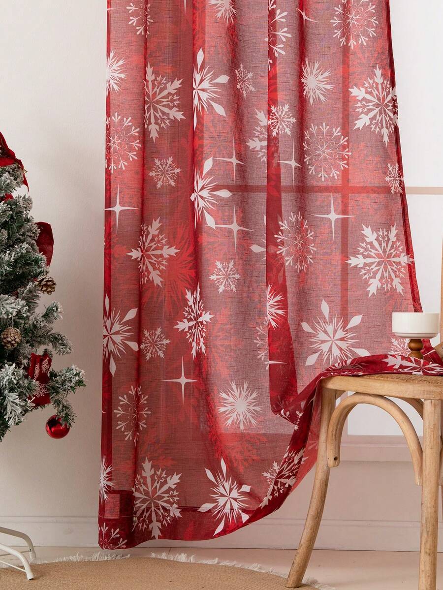 1pc Lightweight & Minimalist Fashion Christmas Red Snowflake Printed Curtain, Suitable For Living Room, Bedroom Home Decor, For All Seasons - Red - View 1