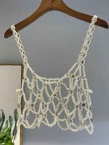 1pc Handmade Beaded Hollow Faux Pearl & Rhinestone Boho Style Necklace Chain Jewelry Accessory For Women, Suitable For Dates, Weddings, Parties, Summer Beach Vacation And Daily Wear