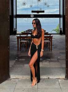 Women's Summer Beach Solid Color Ruched Sexy Bikini Set With Coverup And Skirt