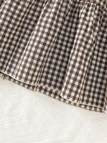 Girls' Long Sleeve Plaid Dress, Brown & White Checkered Pattern, Leather Trim Bow Waist Belt, Fashionable For Everyday Wear - Brown - View 7