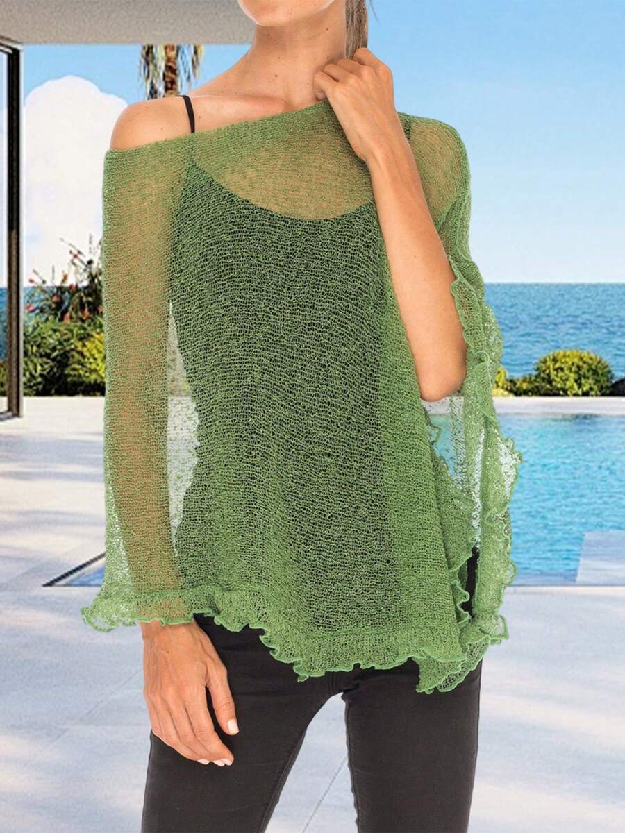 Women Sheer Knitted Poncho Solid Color Ruffle Trim Boat Neck See Through Cover Up Tops - Green - View 1