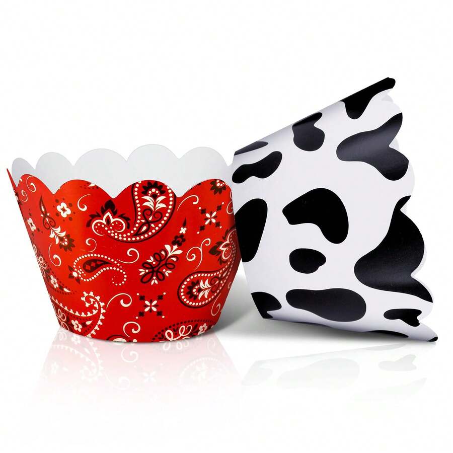 48 Pieces Cowprint And Bandana Cupcake Wrappers Cow Print Cupcake Wrap Adjustable Cup Cake Liners Red Bandana Baking Cups Holders For Birthday Party Farm Themed Wedding