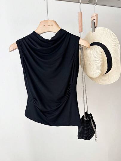 Camiseta Ajustada Casual Feminina Com Manga Assimetrica Blusa Viscose Basica elastano