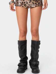 Knee High Boots For Women Y2K Fold Over Boots Round Toe Platform Chunky Heel Slouchy Boots For Women Punk Metallic Buckle Wide Calf Fold Over Boots - 黑色 - 查看 4