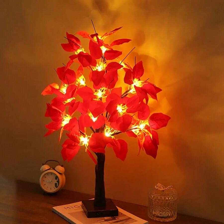 2-Pack Red Flower LED Christmas Tree Lights, Simulated Phoenix Flower Tree Lights, Suitable For Interior Decoration, Living Room, Desktop, Party, Wedding, Thanksgiving, Christmas Holiday Atmosphere Decoration, Festive Desktop Decorative Table Lamp, Must-Have Gift - 紅花樹 - 查看 1