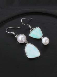 Vintage Copper Asymmetric Faux Pearl Pendant Earrings, Handmade Bohemian Style Women Earrings