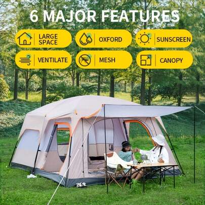 4-6 Person Large Tent, Suitable For Camping And Outdoor Adventure - Brown 4-Season Family Tent With Sunshade, Waterproof And Windproof Features, Spacious Interior Can Be Used As Living Room, Bedroom, Kitchen, Picnic Tent, Suitable For Camping, Picnics And Various Occasions