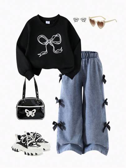 2-Piece Girls Toddler Retro Casual Bow Print Sweatshirt & 3D Bow Denim Pants Set, Spring/Autumn
