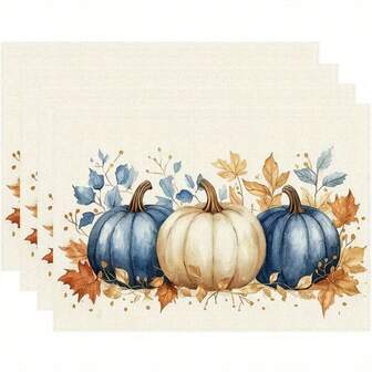 Set de 4 piezas/6 piezas/8 piezas de individuales de mesa de poliéster de 12x18 pulgadas con diseños de calabazas y hojas de otoño en acuarela, adecuados para Acción de Gracias, decoración de cosecha de otoño, comidas al aire libre, reuniones estacionales, lavar a mano, decoración de otoño, artesanía de vajilla de Acción de Gracias